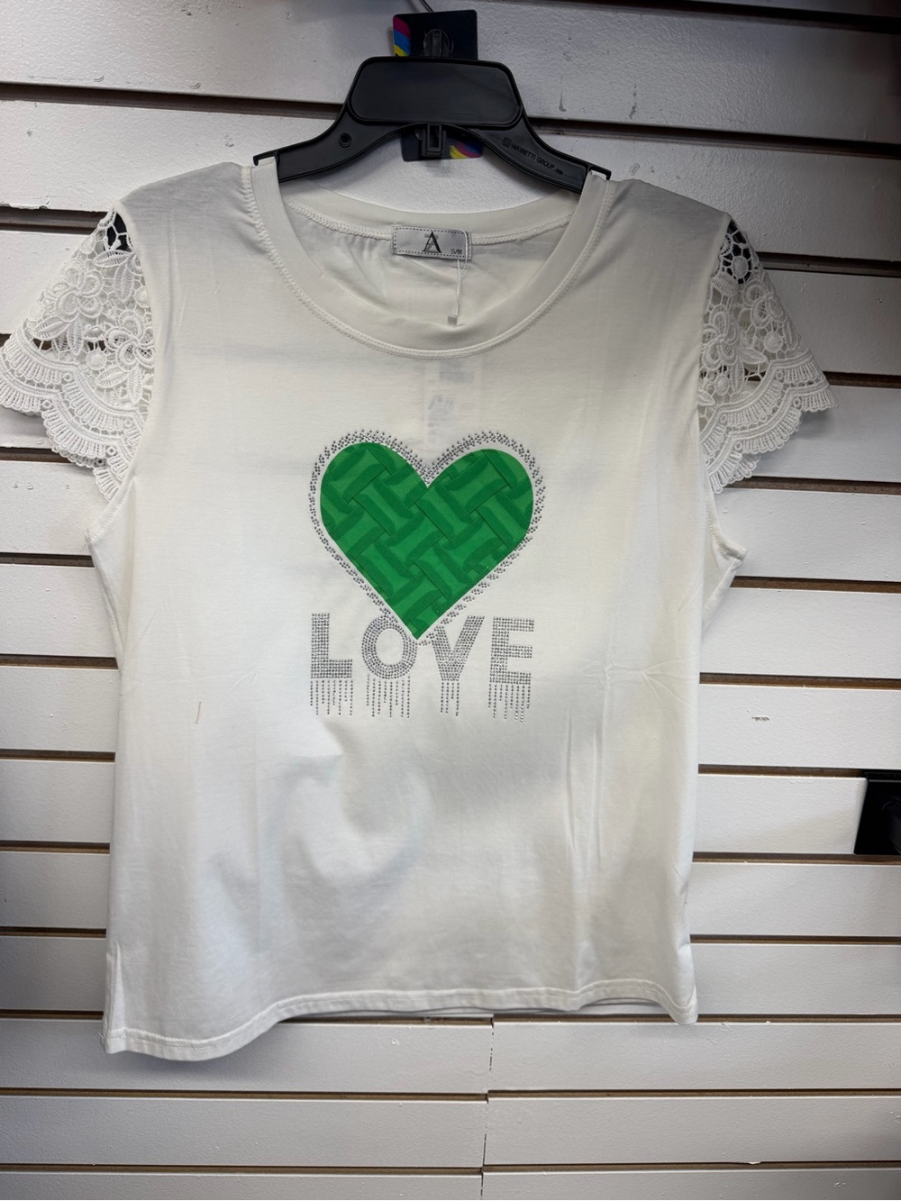 White Tee with Green Heart "LOVE" Graphic